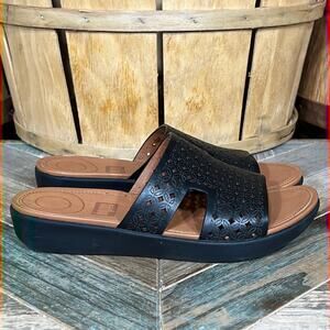 FitFlop H-Bar Slide Latticed Black Leather Thong Comfort Sandals Womens Size 5
